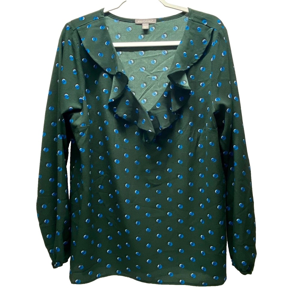 Peace & Pearls‎ V-Neck Blouse Women's XL Green Polka Dot Popover Long Sleeve GUC